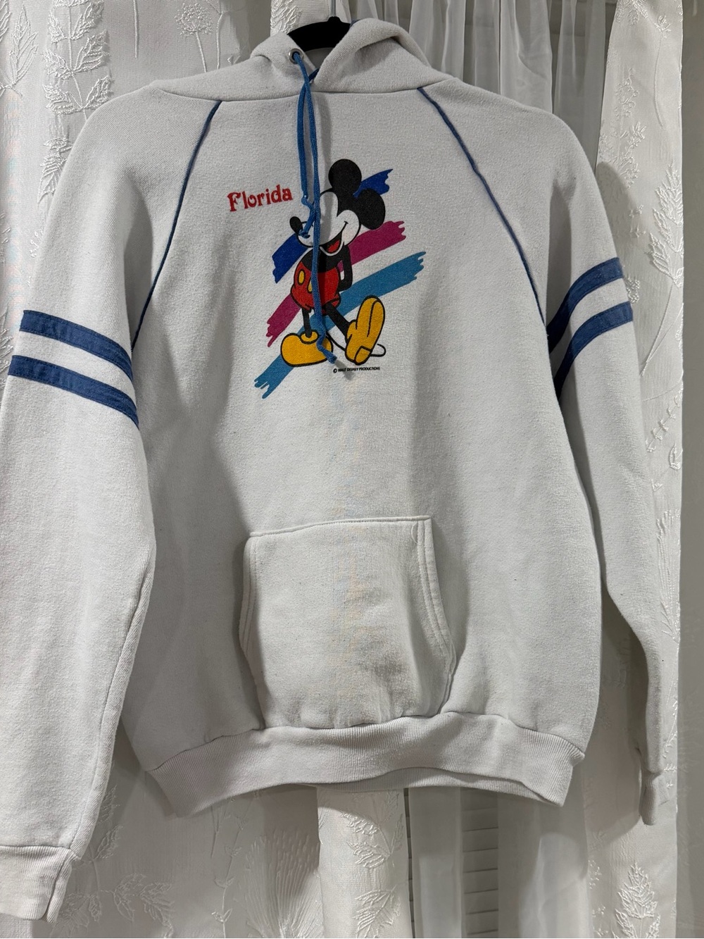 White Crewneck Hoodie with Mickey Graphic and Blue Stripe Accents